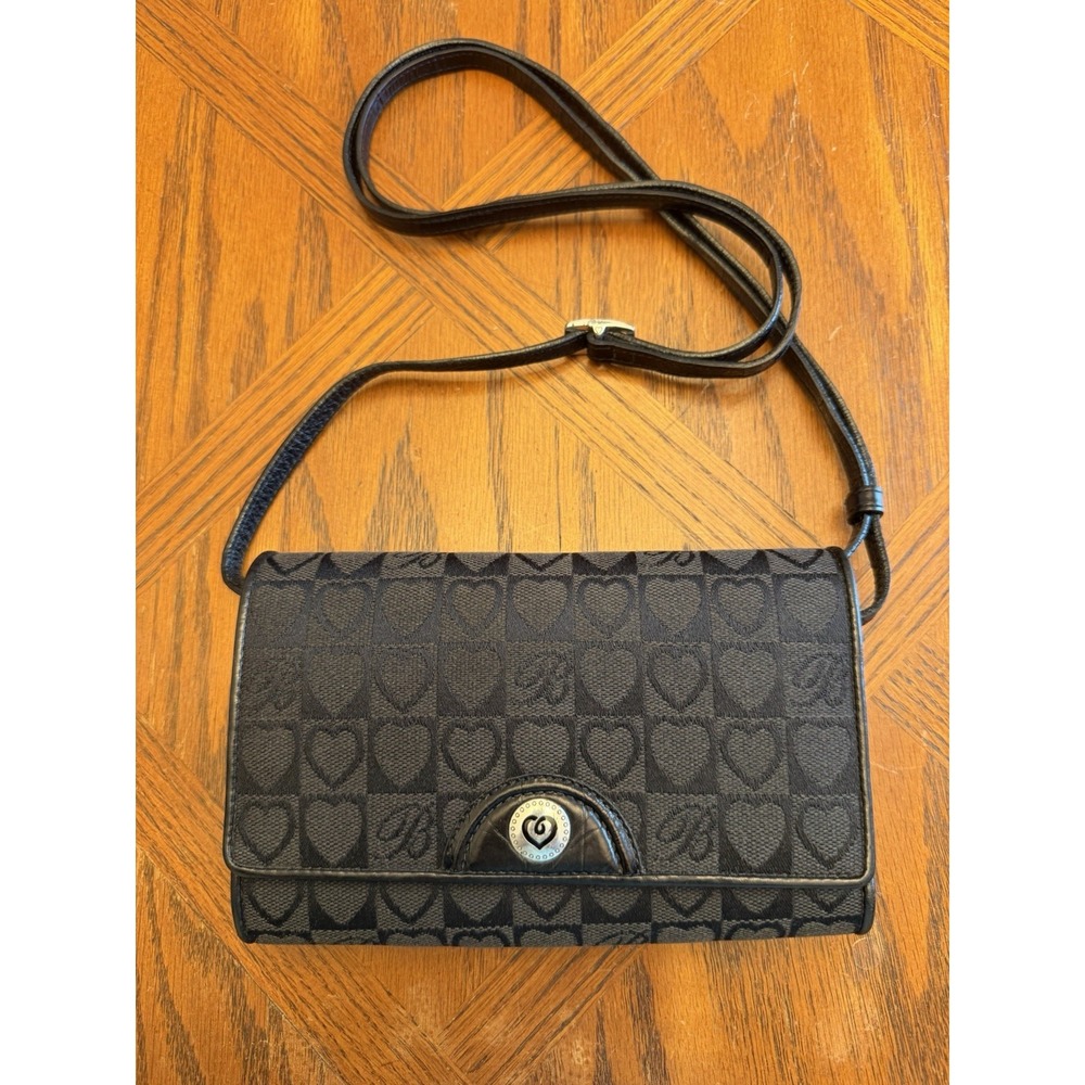 Ladies BRIGHTON Crossbody Organizer Clutch Wallet - Black Leather & Heart Fabric